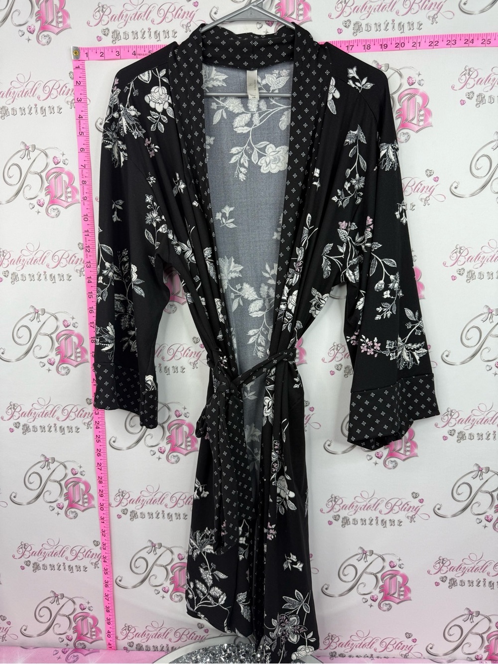 Flora Nikrooz Black Floral Satin Kimono Robe